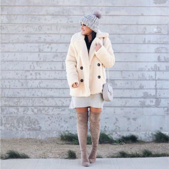 FREE PEOPLE NOTCHED TEDDY BEAR CREAM PEACOAT SIZE M - Picture 1 of 5